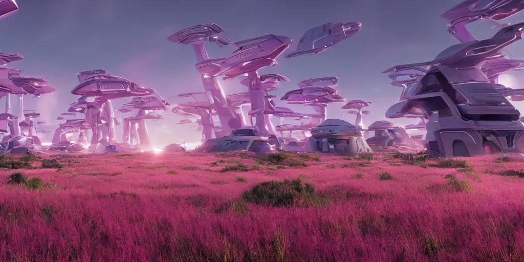 Prompt: people celebrating with hands up in a futuristic village next to wheatfields of pink plants, spaceships in the sky, pink trees, pink grass, at dawn, epic scale ultrawide angle, stunning, epic, cinematic, artstation trending, octane render, hyperrealistic, cryengine 8 k uhd