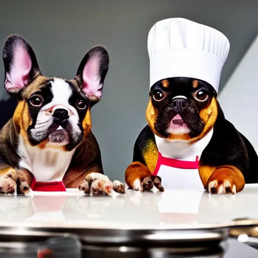 Image similar to a 8k highly detailed still photo by David Bailey of Two multi-colored French Bulldogs in chef hats and aprons starring on a cooking show, a high end restaurant kitchen in the background, bokeh