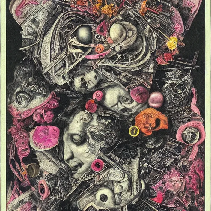 Image similar to post - punk new age album cover, asymmetrical design, dollar bank notes, capitalism, magic, apocalypse, psychedelic, black white pink, highly detailed, magic, giger h. r., giuseppe arcimboldo