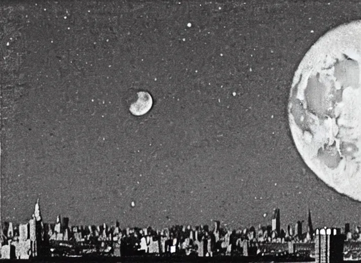 Image similar to vintage photo still of the moon!!!! exploding!!!! exploding moon moon explosion fragments on one side moon rupture moon exploding moon explosion over new york city in the 1 9 2 0 s, black and white, weathered, edge vignette, explosion in the sky, moon exploding