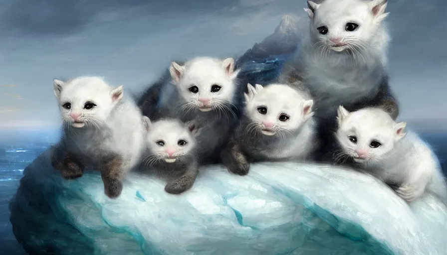 Image similar to highly detailed painting of white cute baby seal furry dragon kitten pandas on a blue and white iceberg by william turner, by greg rutkowski, by william constable, thick brush strokes and visible paint layers, 4 k resolution