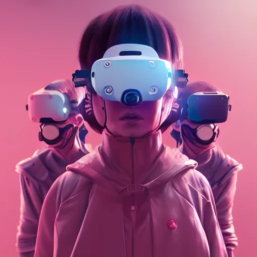 Image similar to intense futuristic bespoke vr headset respirator on a set of twin ninja hypebeasts, by ilya kuvshinov and james jean and sorayama and ikeuchi and hiroya oku and gilleard james, artstation trending, 8 k, 3 d render, photorealistic, volumetric lighting caustics, pink