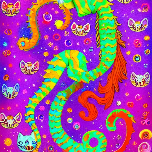 Image similar to cat seahorse shapeshifter, long haired humanoid fursona, detailed painterly digital art by lisa frank and louis wain, furaffinity, cgsociety