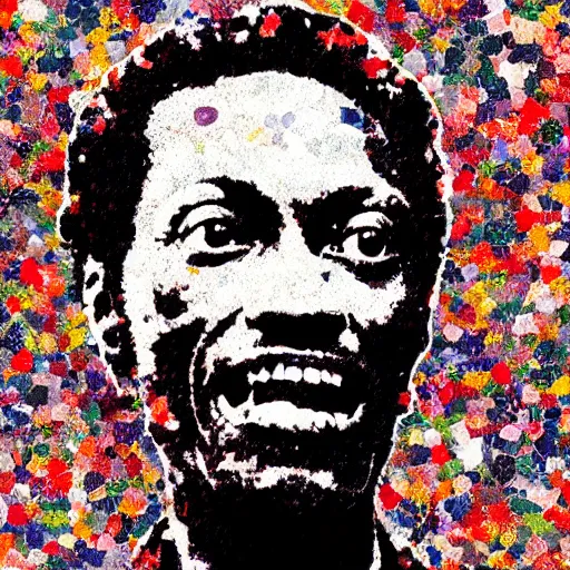 Image similar to a portrait of of chuck berry constructed from berries, collage, drop shadow, organic, layered composition, layers, texture, mcu, highly textured, layered, sculpted, dynamic,