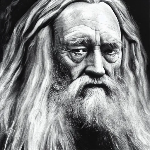 Image similar to a close up portrait of Richard Harris as Dumbledore, focused gaze, art station, highly detailed, concept art