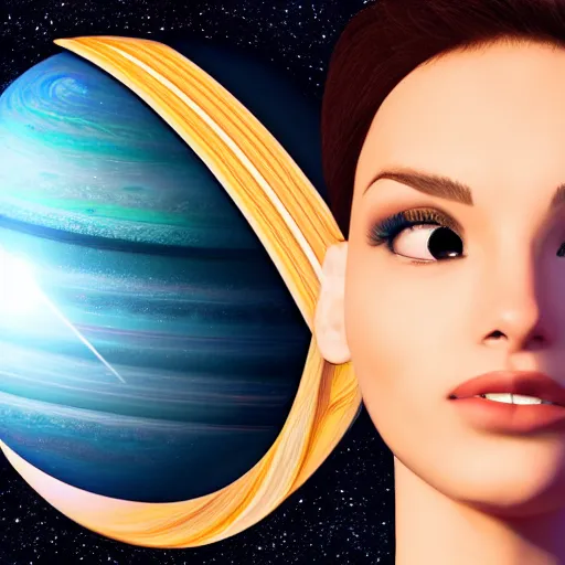 Image similar to a closeup of woman wearing neckless with a glowing planet Saturn as the pendant, in the style of a Pixar movie