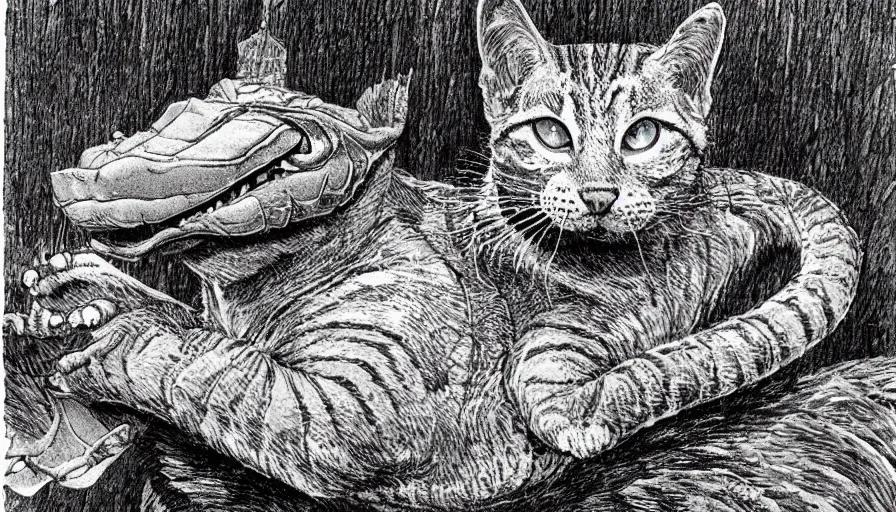 Image similar to bernie wrightson tabby cat morphed with alligator swimming pool sepia tone