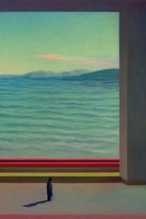 Image similar to liminal vaporwave surrealism, painted by Edward Hopper, painted by Monet, airbrush