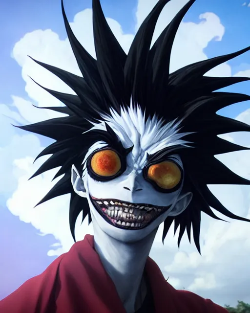 Image similar to highly detailed surreal vfx portrait of ryuk from deathnote, stephen bliss, unreal engine, greg rutkowski, loish, rhads, beeple, makoto shinkai and lois van baarle, ilya kuvshinov, rossdraws, tom bagshaw, alphonse mucha, global illumination, detailed and intricate environment