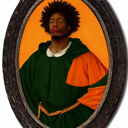 Prompt: black man with afro hair wearing an army green cloak, riding!!! an orange!! bull!!!, renaissance style painting, stunning detail and accuracy