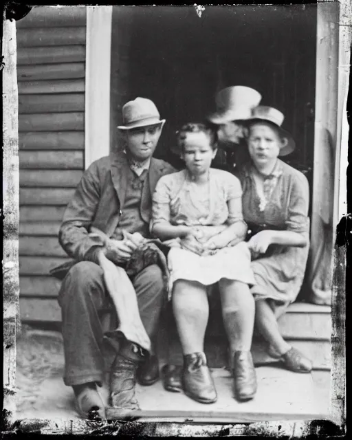 Prompt: “a black and white photograph of a successful Appalachian bootlegging family of four during prohibition, posed on the porch with a jars of moonshine, realistic, vintage, grainy film, 4k”