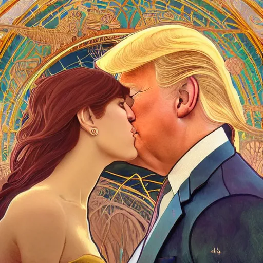 Image similar to donald trump gay kissing joe biden | highly detailed | very intricate | art nouveau | gold filigree | romantic storybook fantasy | soft cinematic lighting | award - winning | disney watercolor illustration by mandy jurgens and alphonse mucha and alena aenami | pastel color palette | featured on artstation