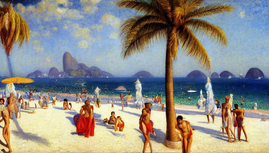 Image similar to a ultradetailed beautiful painting of the luxurious beautiful utopian futuristic rio de janeiro designed by jules bastien - lepage, tarsila do amaral, frank weston and gustave baumann, beach, trending on artstation, mediterranean, palm trees, sharp focus, colorful refracted sparkles and lines, soft light, 8 k 4 k