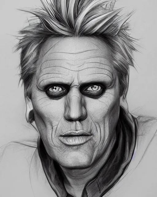 Prompt: a beautiful hyperrealistic portrait pencil sketch from a picture, of an old alcoholic Gary Busey Batman by Peter Mohrbacher, technical drawing, blueprint diagram, trending on artstation