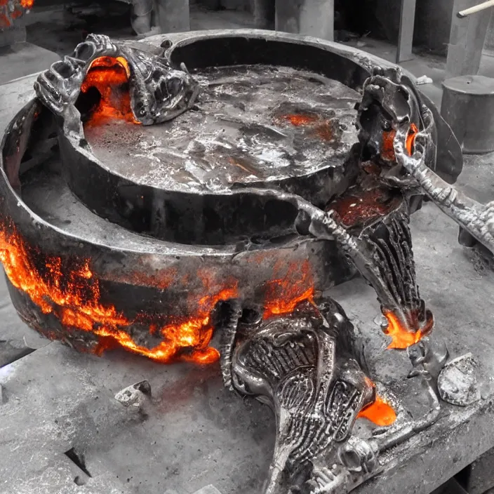 Prompt: wide angle shotmolten metal being poured into a mold in the shape of a punisher skull emblem. background is firey foundry. detailed, high art, intricate, artisan