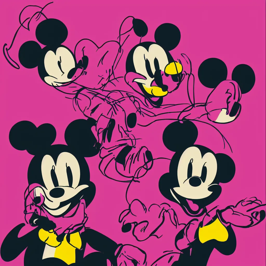 Prompt: individual silk screen portrait of non binary afro mickey mouse by andy warhol michael pangrazio, nilo rodis clean vector curves, no jagged lines, vector art