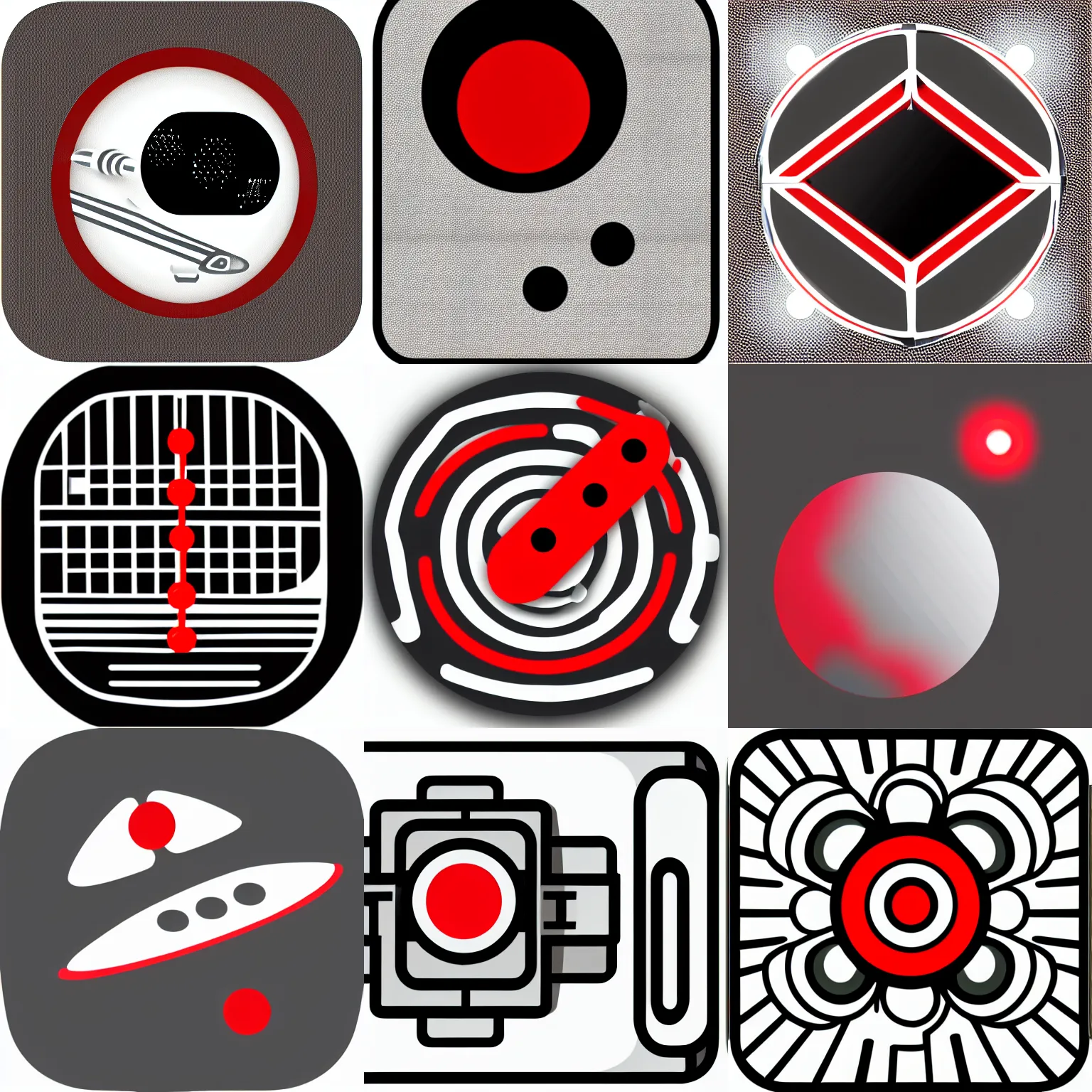 Prompt: notification icon of a spaceship next to a red dot, clear lines, vector, png, greyscale black and white