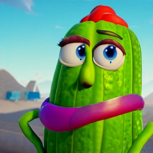 Prompt: larry the cucumber ( veggie tales ) fortnite character design