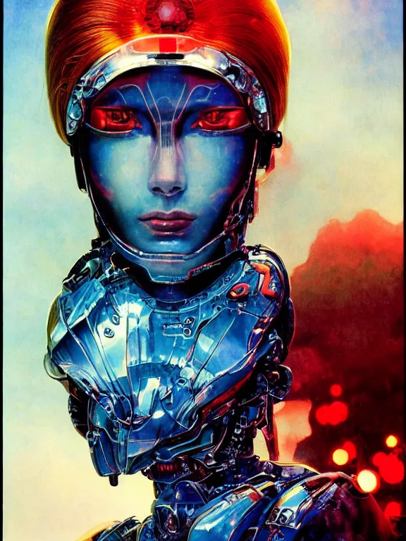 Prompt: symmetry!!! closeup portrait of a transparent beautiful cyborg girl angroid, shattered glass visor, glowing iris, cinematic light, backlight glow, red sky blue, mist, by mikhail vrubel, by philippe druillet, by peter elson, by gerald brom, muted colors, extreme detail, trending on artstation, 8 k