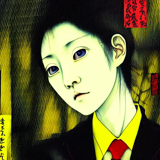 Prompt: yoshitaka amano blurred and dreamy realistic three quarter angle horror portrait of a sinister young woman with short hair and yellow eyes wearing office suit with tie, junji ito abstract patterns in the background, satoshi kon anime, noisy film grain effect, highly detailed, renaissance oil painting, weird portrait angle, blurred lost edges