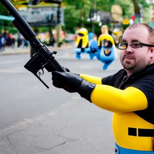 Prompt: Man in a minion costume holding a rifle, pointed at the camera,