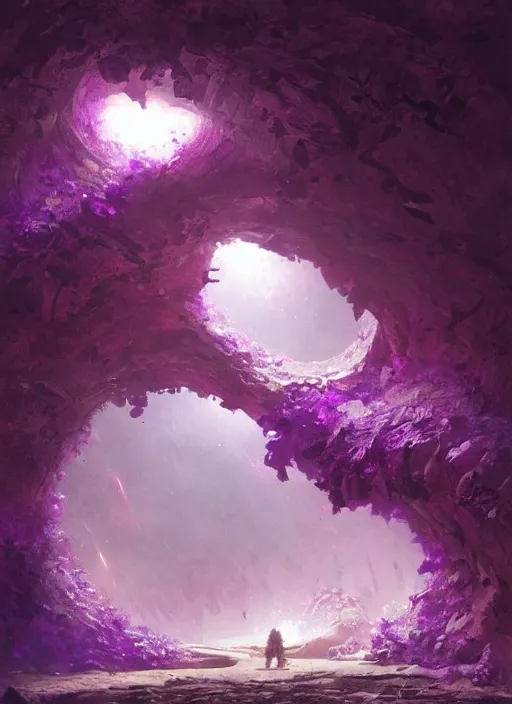 Image similar to zergling tunnel in cave of purple crystals, beautiful painting by greg rutkowski, trending on artstation