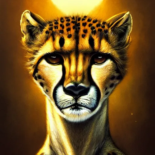 Prompt: a hyperrealistic illustration of a cheetah, savanna background with fractal sunlight, award - winning, masterpiece, in the style of tom bagshaw, cedric peyravernay, peter mohrbacher