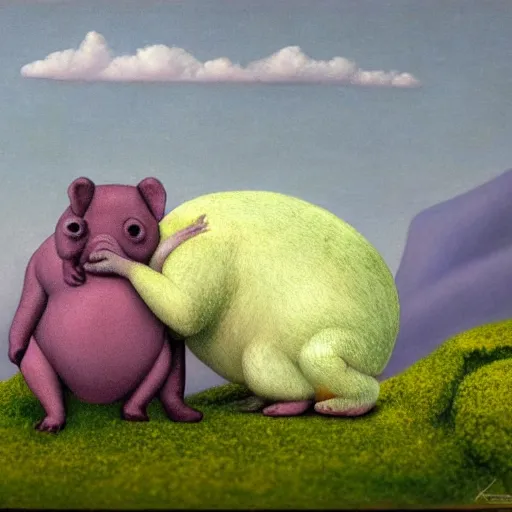 Image similar to a tardigrade-moss-piglet by Raphael, Hopper, and Rene Magritte. detailed, romantic, enchanting, trending on artstation.