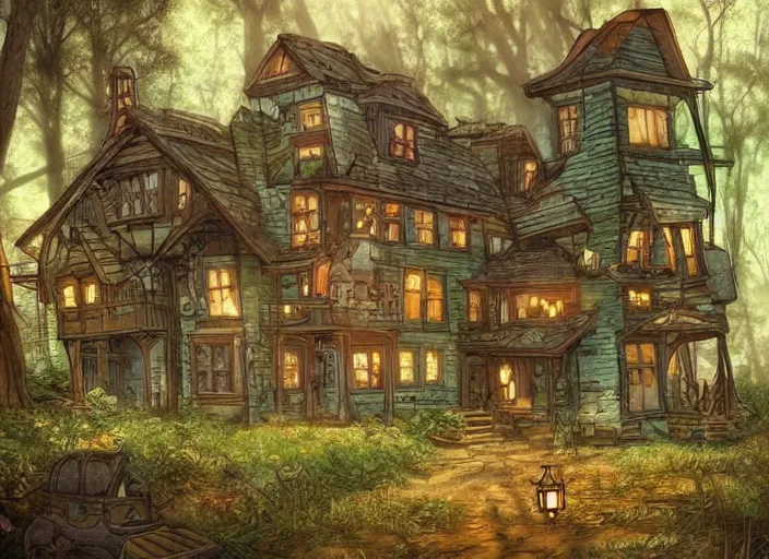 Prompt: house in a clearing in the middle of the forest, beautifully lit, steampunk, children book