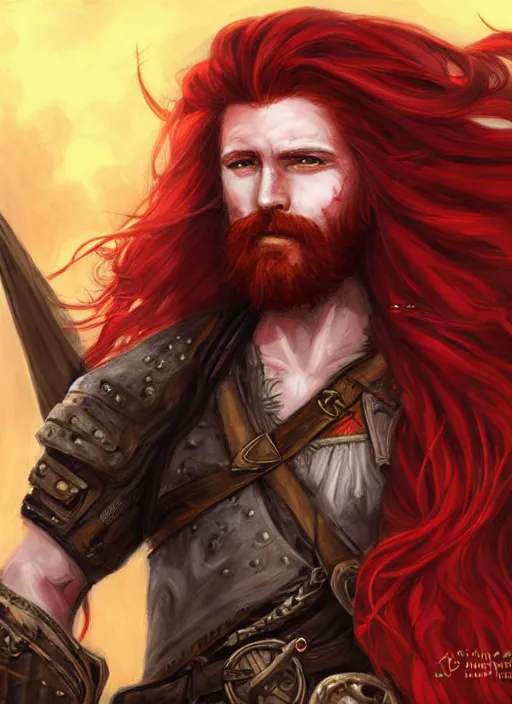 Image similar to an epic fantasy comic book style portrait painting of a long haired, red headed male sky - pirate in front of an airship in the style of eve ventrue