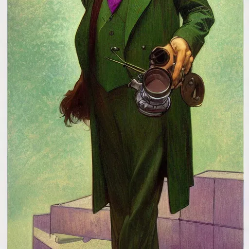 Image similar to man, Wearing green suit, Wearing green tophat, wearing purple undershirt, wearing shades, drinking tea by alphonse mucha, Adolfo Hohenstein, Alice Russell Glenny, Stanley Artgerm Lau, greg rutkowski, fantasy, D&D, trending on artstation, smooth, sharp focus