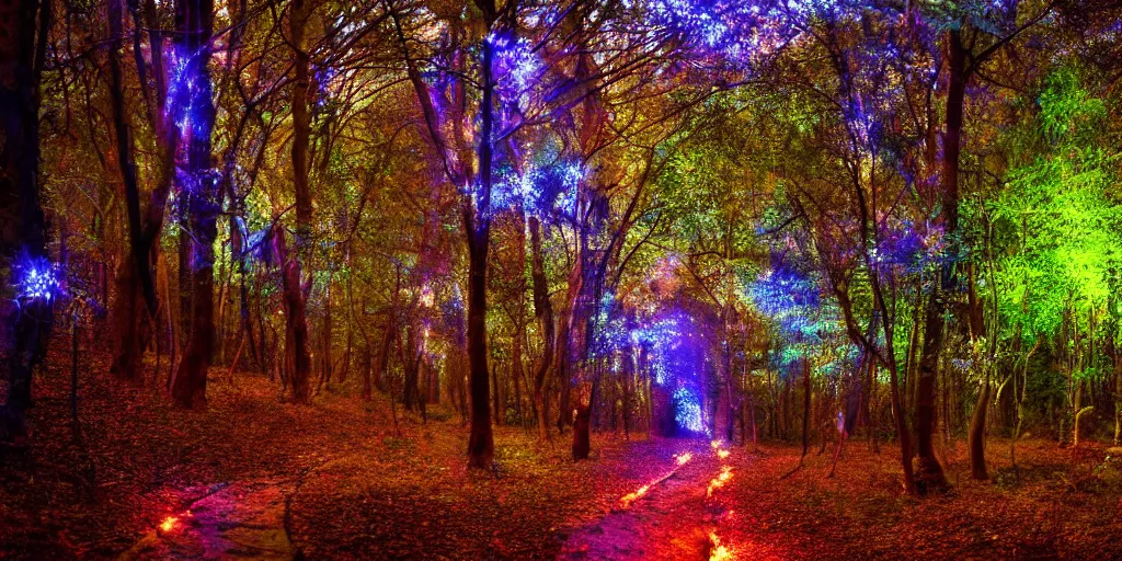 Prompt: The forest path with light lighting it and fireflys, 4k, highly detailed, vivid colors, high definition, Rocha, Andreas