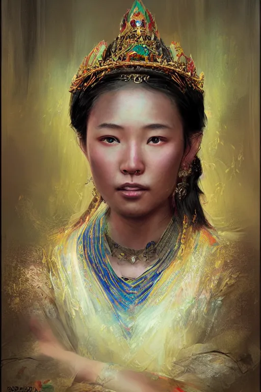 Prompt: Tibetan princess, gorgeous, close-up portrait, intricate, elegant, volumetric lighting, scenery, digital painting, highly detailed, artstation, sharp focus, illustration, concept art, ruan jia, steve mccurry