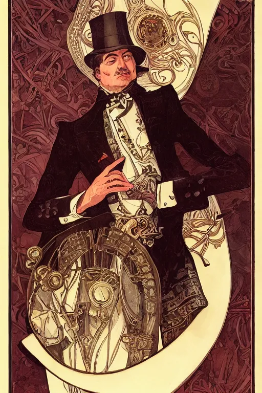 Image similar to zoomed out portrait of a duke, victorian era, art deco style, stylized illustration by moebius and jean - baptiste monge, watercolor gouache detailed paintings in style of syd mead, metabaron, mucha, daumier, caricature, diesel punk, artstation