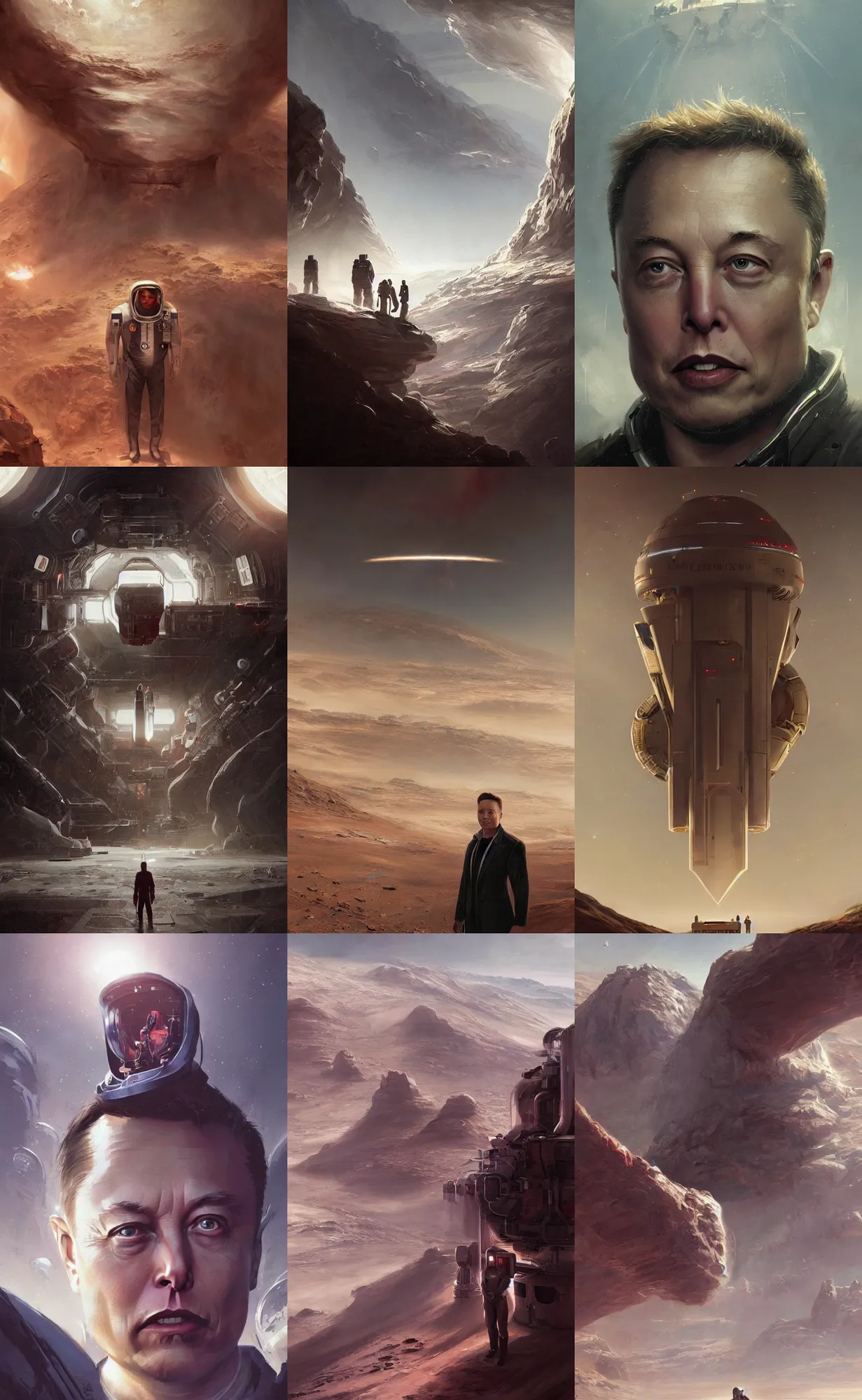 Prompt: elon musk as the president of the mars colony, concept art, detailed face, fantasy, highly detailed, cinematic lighting, digital art painting by greg rutkowski