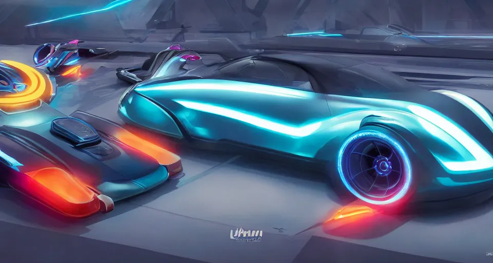 Image similar to dream tron tesla light cycle race, hot wheels, overhead view, octane, raytrace, syd mead, artgerm, jim lee,