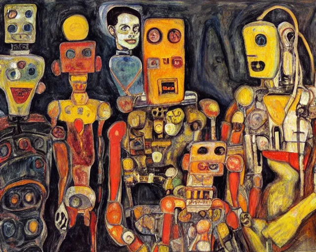 Image similar to a painting of a robot family portrait by graham sutherland, egon schiele, expressionism