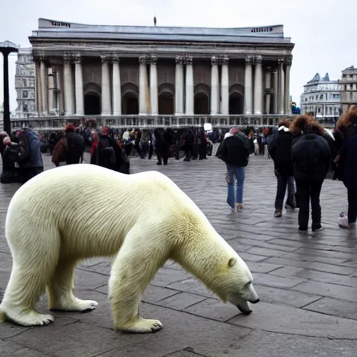 Prompt: polar bear walking across deserted trafalgar square