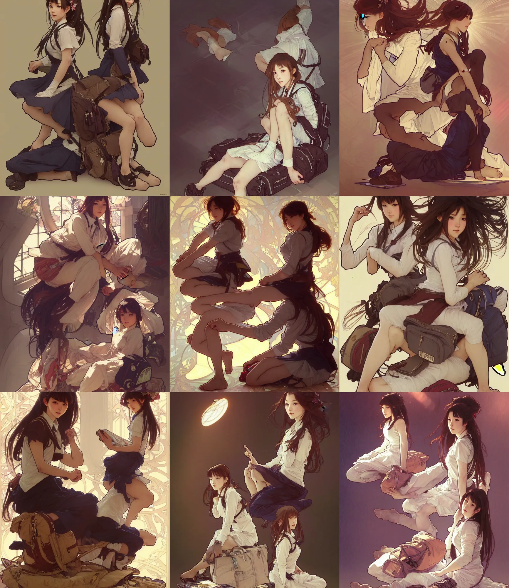 Prompt: a digital concept art by artgerm and greg rutkowski and alphonse mucha. full body!! clear portrait of a squatting attractive japanese school girl in uniform!! sit on floor!! school bag, light effect. hyper detailed, character concept, glowing lights!! intricate, elegant, digital painting, artstation, smooth, sharp focus