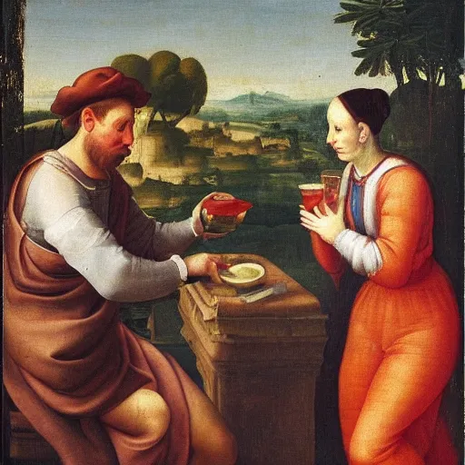 Image similar to A renaissance oil painting of a man drinking milk