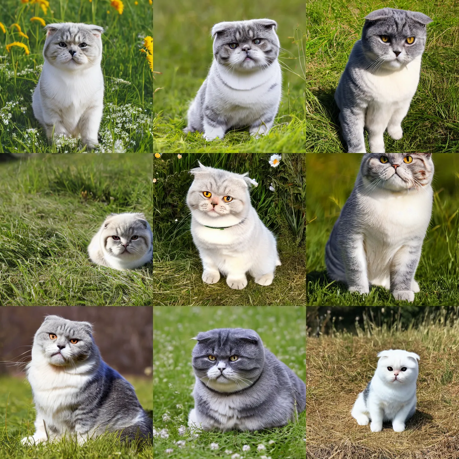 Prompt: pebble scottish fold sitting in the middle of sunny meadow