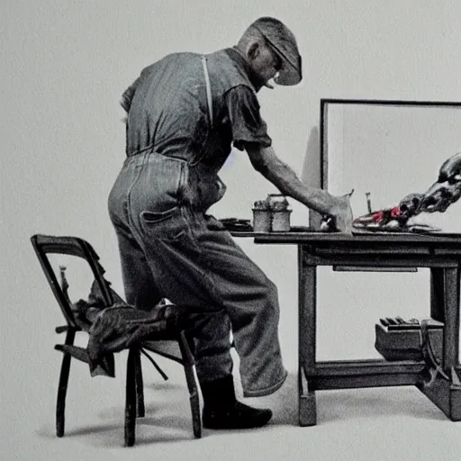 Prompt: a film still of a painter sitting at a table being dragged from his drawing table by a robot