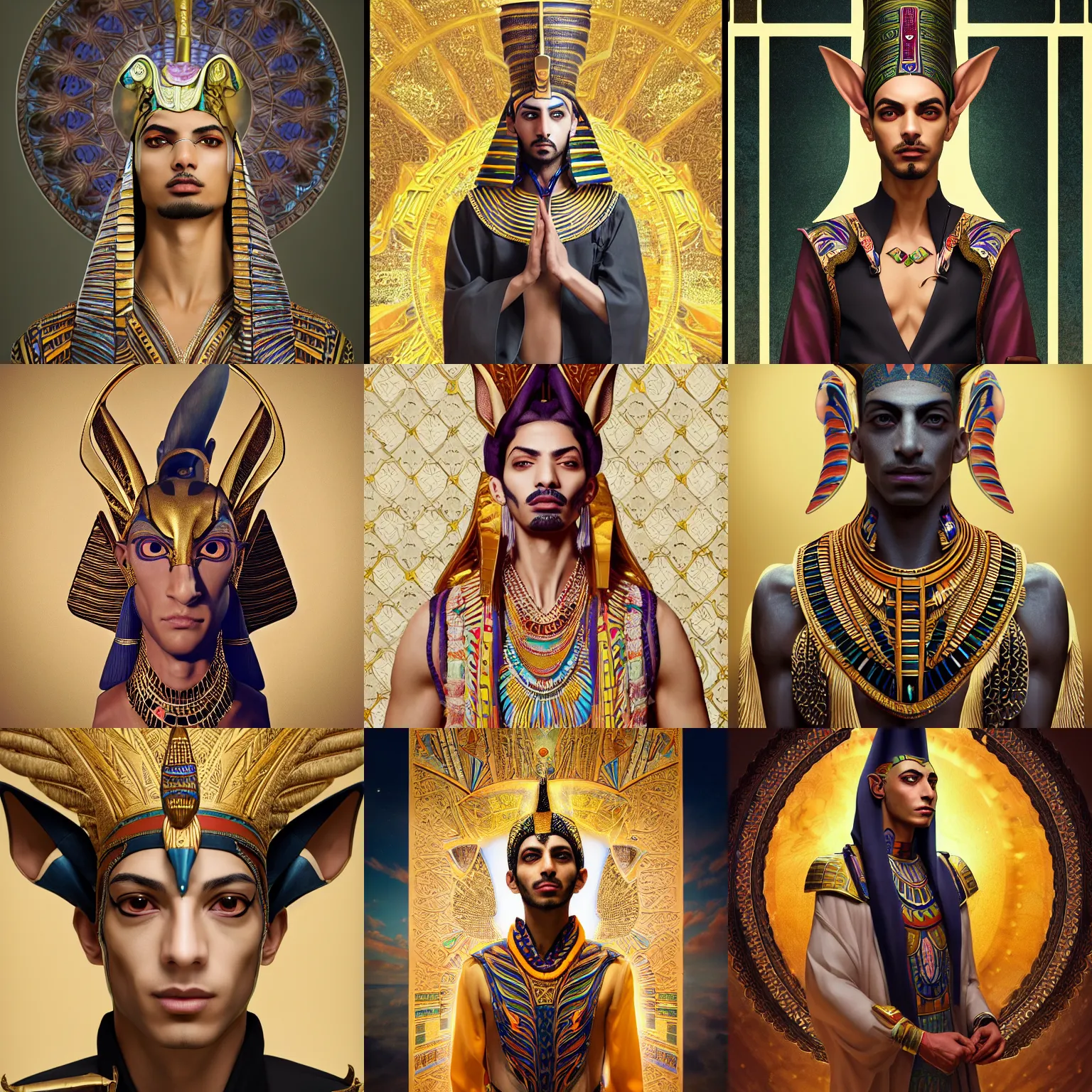 Prompt: a stunning portrait of an egyptian male warlock with sphynx cat ears wearing an ornate flower tunic, by makoto shinkai, wlop, mars ravelo, summer vibes, very coherent symmetrical artwork, perfect face, studio lighting, smooth, sharp focus, 4 k, masterpiece, trending on artstation