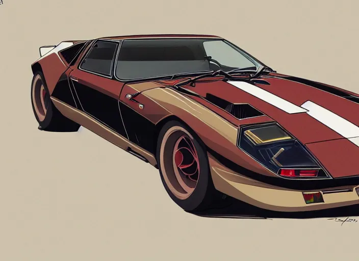 Image similar to a blending, amalgamation and detailed combination of a lamborghini countach, datsun 2 6 0 z and a jaguar e - type, concept art, round headlights, long engine bay, 8 k, highly detailed, trending on art station