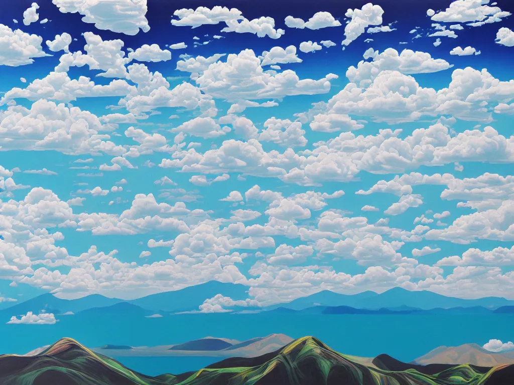 Image similar to hyperrealism general plan composition on the borders of the picture mountains, clouds, trees, sea and waves, empty space in the middle, pop - art style, jacky tsai style, acrylic on canvas