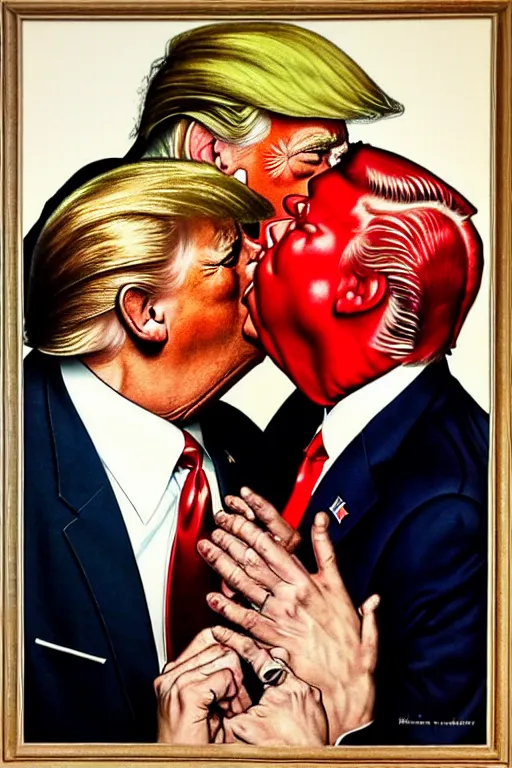 Image similar to norman rockwell painting of gay donald trump kissing a second donald trump