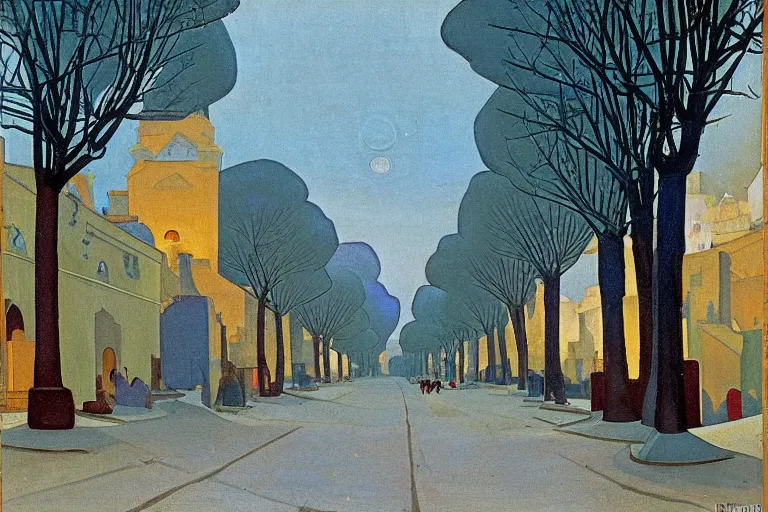 Image similar to tree-lined street at midnight in a very old very beautiful city by Nicholas Roerich and Rudolf Ernst, colorful tiled architecture, strong dramatic cinematic lighting, lost civilizations, smooth, sharp focus, extremely detailed