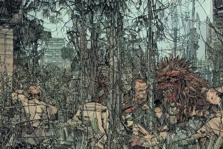 Image similar to on the street of abandoned town 2 people huddled together with spiny giant plants bursting through them, surreal, very coherent, intricate design, painting by Laurie Greasley, part by Yoji Shinkawa, part by Norman Rockwell