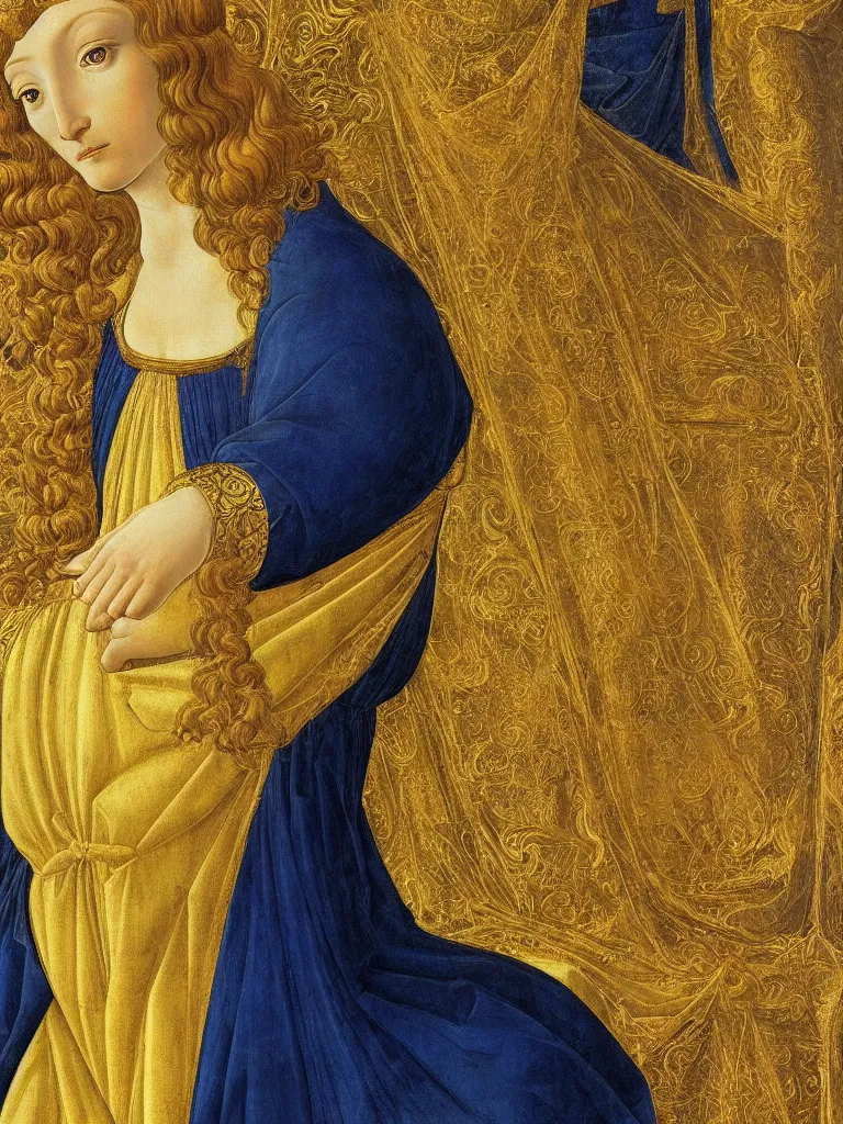 Prompt: detailed portrait of a radiant queen wearing golden armor and blue cloak | Sandro Botticelli |