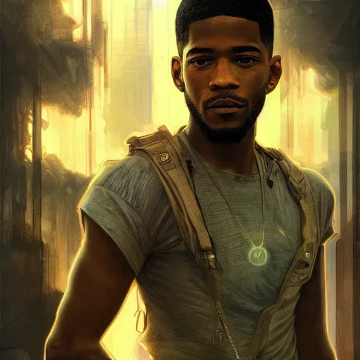 Prompt: scifi character portrait of Kid Cudi, dystopian mood, intricate, wild, highly detailed, digital painting, artstation, concept art, smooth, sharp focus, illustration, art by artgerm and greg rutkowski and alphonse mucha